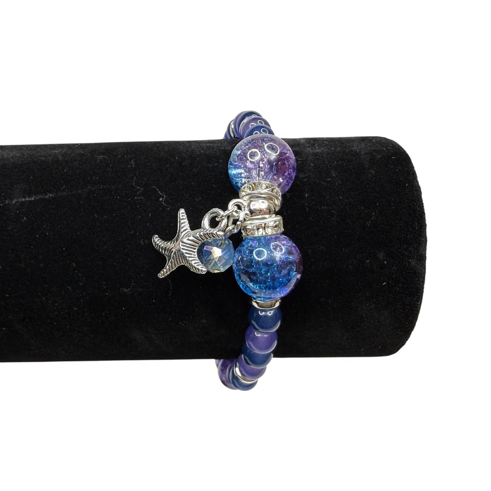 Cosmic Purple Crackled Glass Charm Bracelet Silver Starfish Crystal Accents 6.5